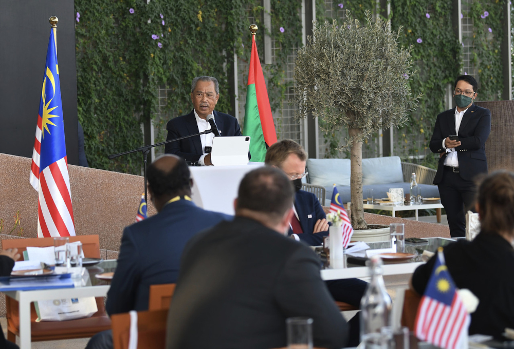 National Recovery Council Chairman Tan Sri Muhyiddin Mohd Yassin delivering his speech at the Malaysia National Recovery Networking Lunch with international industry investors in conjunction with the Dubai 2020 Expo, January 13, 2022. u00e2u20acu201d Bernama pic 