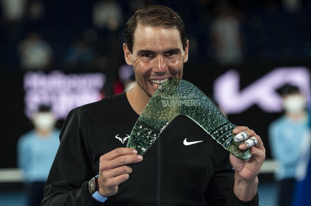 Rafael Nadal of Spain celebrates with the trophy after his victory in his men's singles match against Maxime Cressy of the US at the Melbourne Summer Set tennis tournament January 9, 2022. u00e2u20acu201d AFP pic