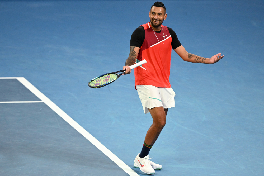 Australiau00e2u20acu2122s Nick Kyrgios reacts as he plays against Britainu00e2u20acu2122s Liam Broady during their menu00e2u20acu2122s singles match on day two of the Australian Open tennis tournament in Melbourne on January 18, 2022. u00e2u20acu201d AFP pic