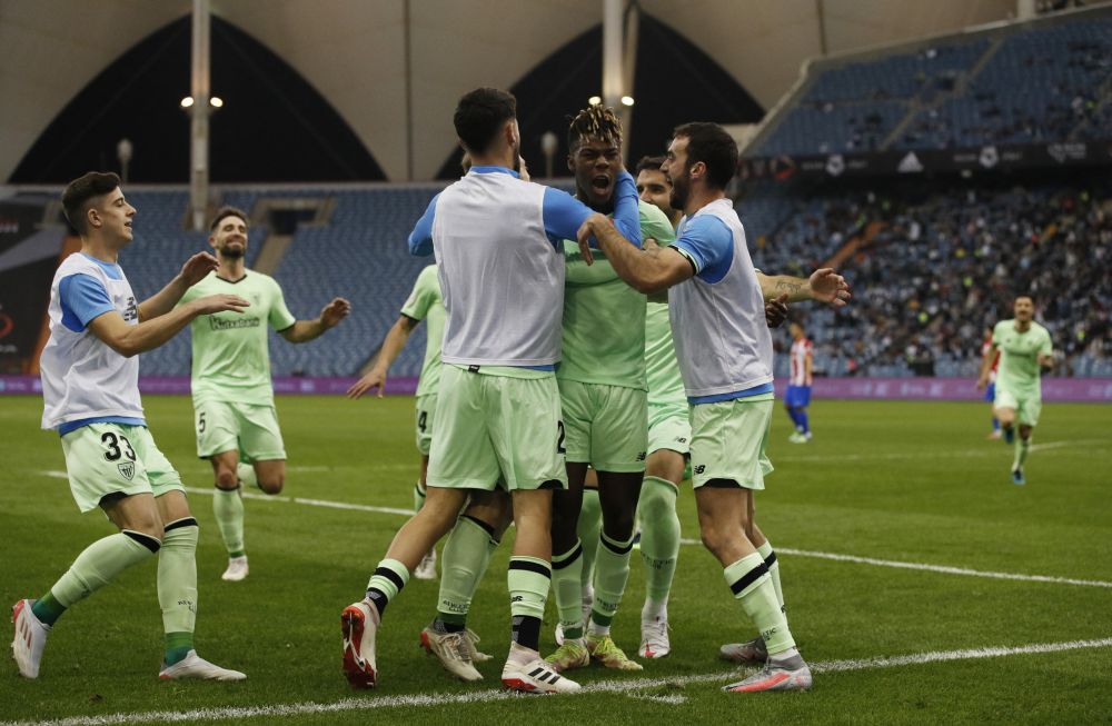Athletic Bilbao's Nico Williams celebrates scoring their second goal against Atletico Madrid with teammates at the King Fahd International Stadium, Riyadh January 13, 2022. u00e2u20acu201d Reuters pic
