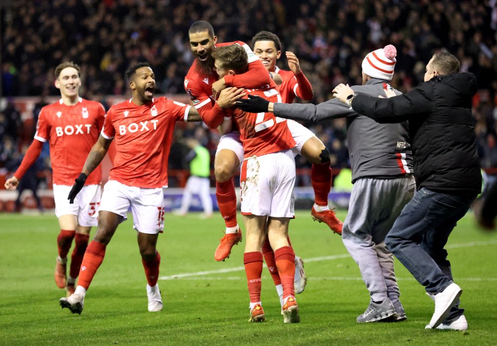 Nottingham Forest's Lewis Grabban celebrates scoring their first goal against Arsenal with teammates at The City Ground, Nottingham January 9, 2022. u00e2u20acu201d Reuters pic