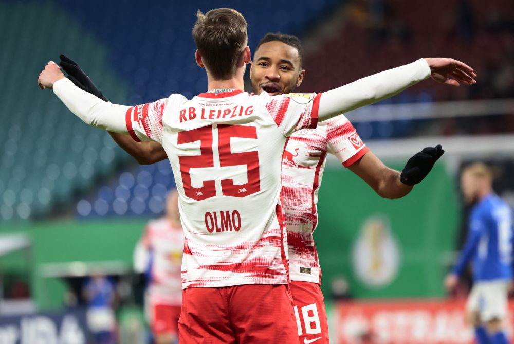 RB Leipzig's Dani Olmo celebrates scoring their second goal against Hansa Rostock with Christopher Nkunku at the Red Bull Arena, Leipzig January 19, 2022u00e2u20acu201d Reuters pic