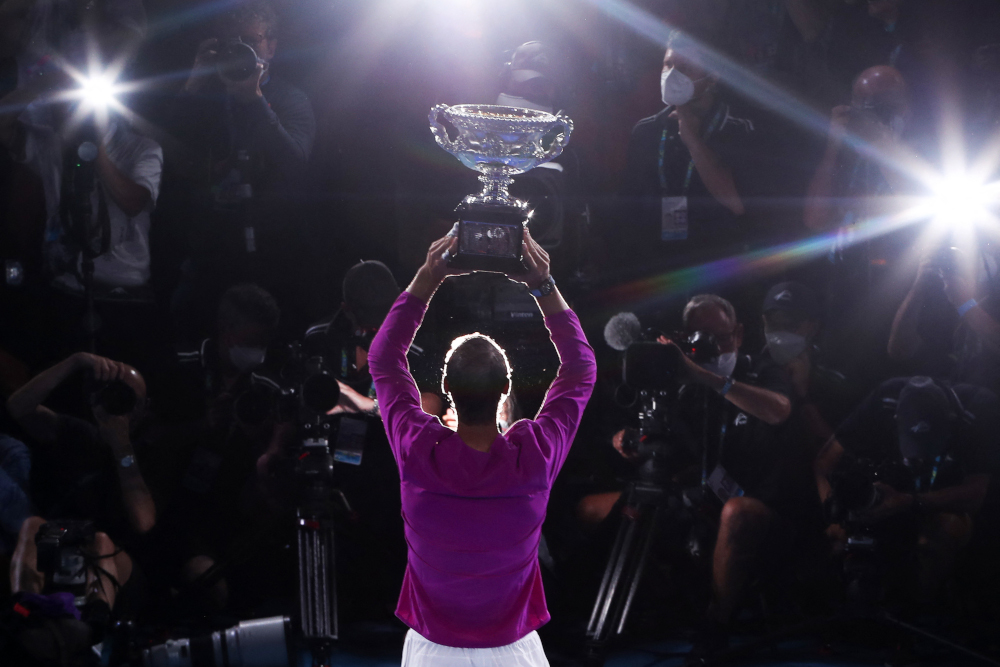 Spainu00e2u20acu2122s Rafael Nadal lifts the Norman Brookes Challenge Cup trophy following his victory against Russiau00e2u20acu2122s Daniil Medvedev in their menu00e2u20acu2122s singles final match on day fourteen of the Australian Open tennis tournament in Melbourne, January 31, 2022. u00e2u20acu201d