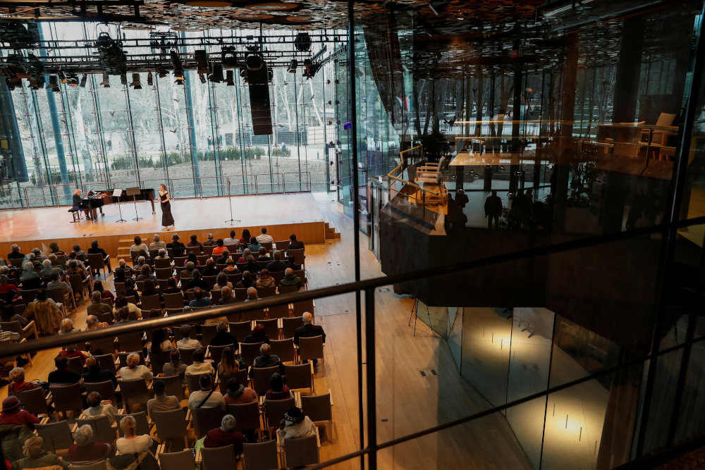 Visitors attend a concert at the concert hall of the House of Music, designed by Japanese architect Sou Fujimoto in Budapest, Hungary, January 23, 2022. — Reuters pic