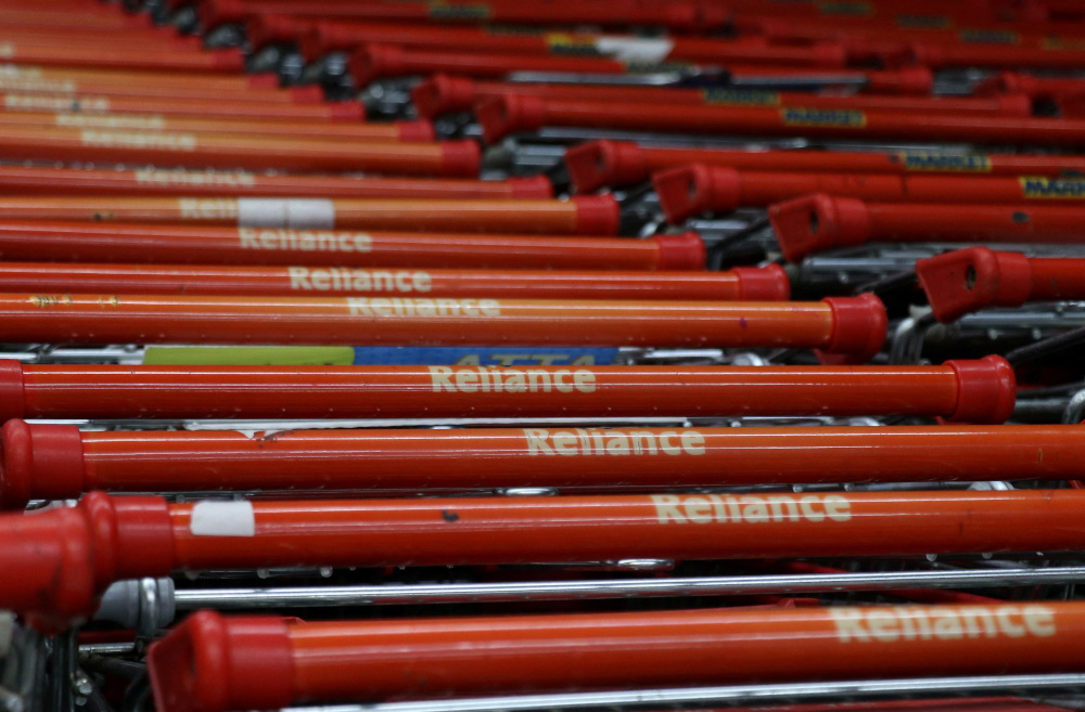 Shopping trolleys are seen parked outside a Reliance supermarket in Mumbai March 16, 2021. u00e2u20acu201d Reuters pic