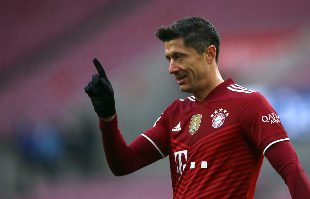 Bayern Munichu00e2u20acu2122s Robert Lewandowski gestures as he scores their first goal that is later awarded after a VAR review in a match against FC Cologne at RheinEnergieStadion, Cologne, Germany, January 15, 2022. u00e2u20acu201d Reuters pic 