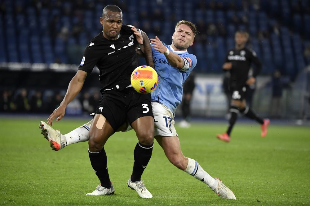 Udineseu00e2u20acu2122s Samir Caetano de Souza Santos (left) in action against Laziou00e2u20acu2122s Ciro Immobile at Stadio Olimpico in Rome December 2, 2021. u00e2u20acu201d Reuters pic