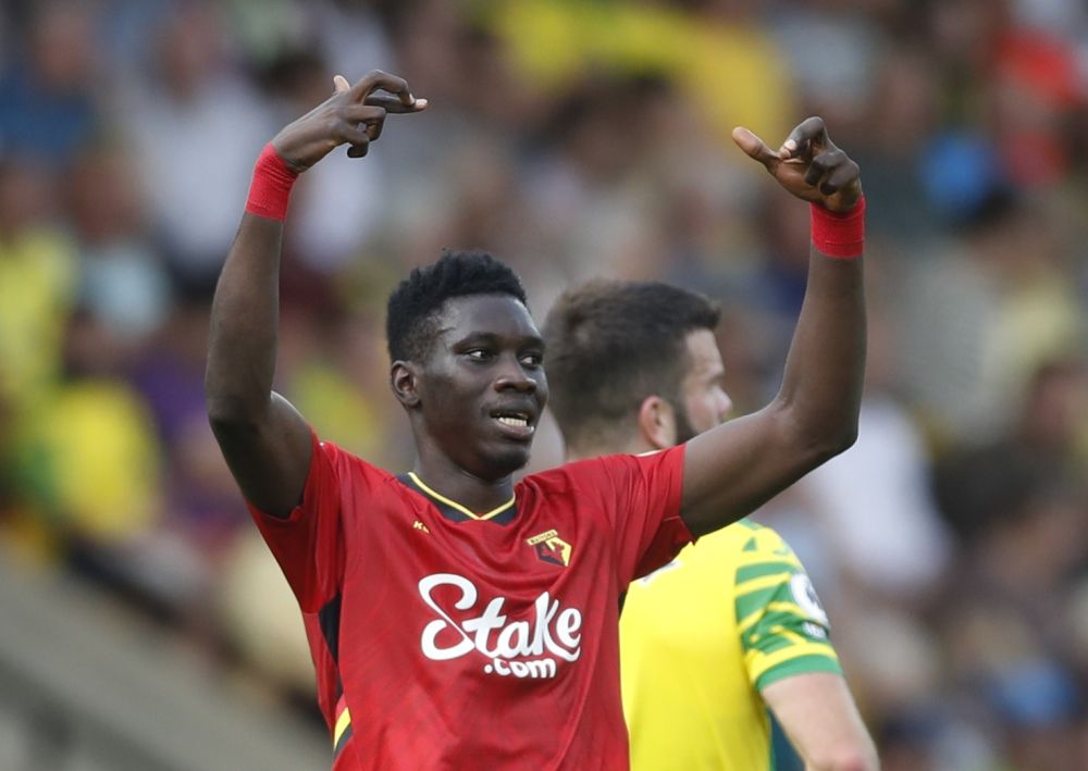 nWatford's Ismaila Sarr celebrates scoring their third goal against Norwich City at Carrow Road, Norwich September 18, 2021. u00e2u20acu201d Reuters picn