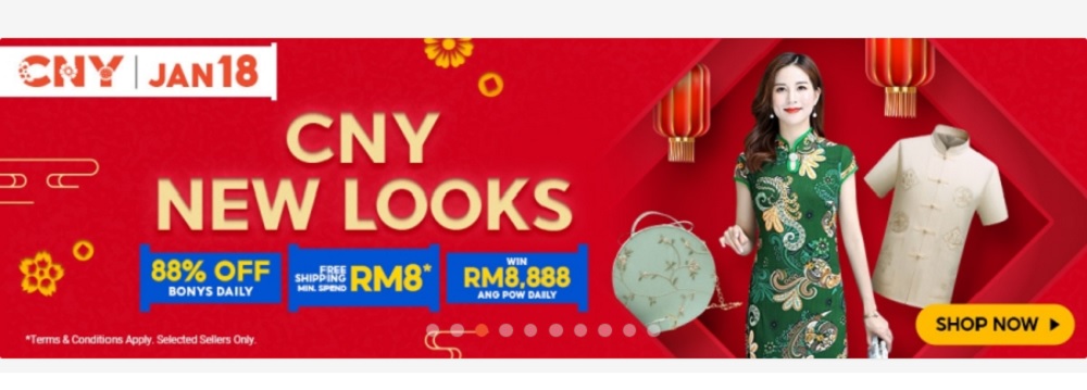 Shopee announced its CNY Sale that will go on until February 2, offering free shipping within Malaysia with a minimum spending of RM8 and discount vouchers for up to 88 per cent off CNY products. u00e2u20acu201d Screencap taken from shopee.com.my