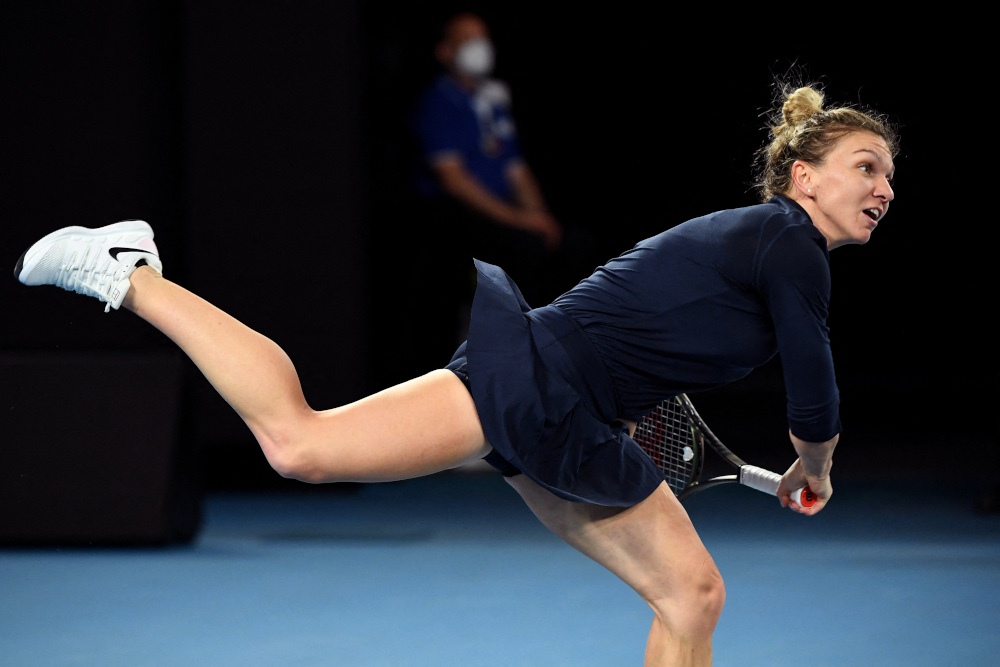 Simona Halep of Romania serves during her womenu00e2u20acu2122s singles match against Destanee Aiava of Australia at the Melbourne Summer Set tennis tournament in Melbourne on January 5, 2022. u00e2u20acu201d AFP picnn