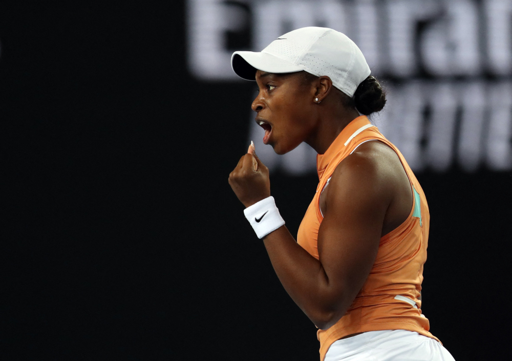 Sloane Stephens of the US reacts during her first round match against Britainu00e2u20acu2122s Emma Raducanu at Melbourne Park, Australia, January 18, 2022. u00e2u20acu201d Reuters pic
