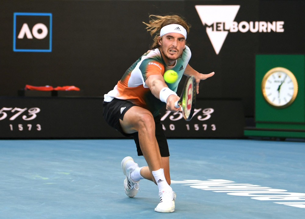 Greeceu00e2u20acu2122s Stefanos Tsitsipas in action during his second round match against Argentinau00e2u20acu2122s Sebastian Baez at Melbourne Park, Melbourne, January 20, 2022. u00e2u20acu201d Reuters picnn