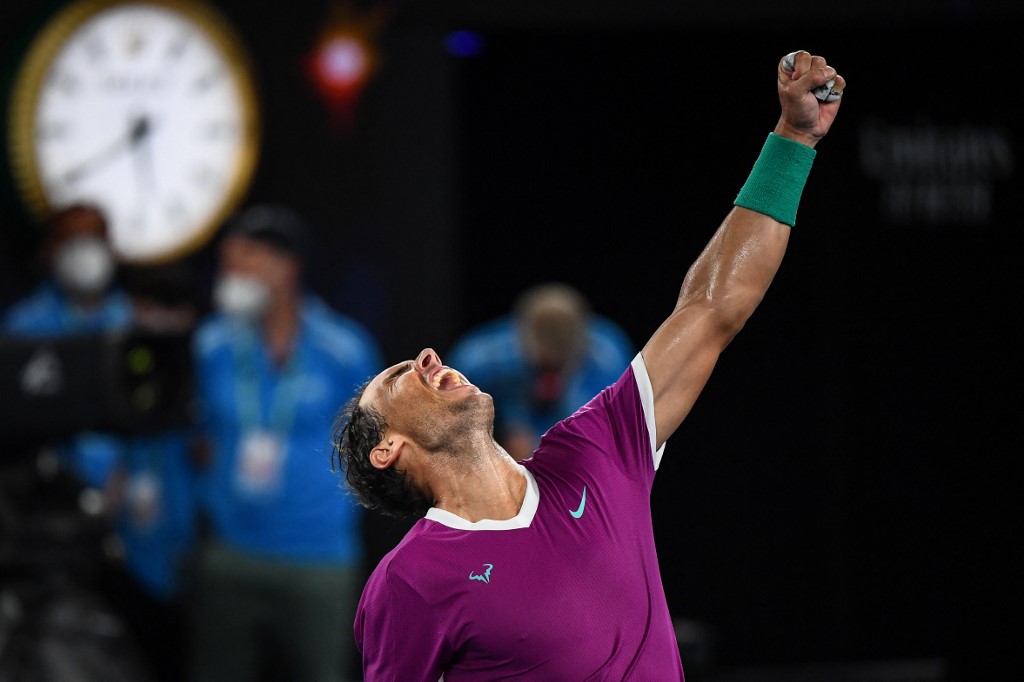 Spainu00e2u20acu2122s Rafael Nadal celebrates after victory against Italyu00e2u20acu2122s Matteo Berrettini during their menu00e2u20acu2122s singles semi-final match on day twelve of the Australian Open in Melbourne on January 28, 2022. u00e2u20acu201d AFP pic