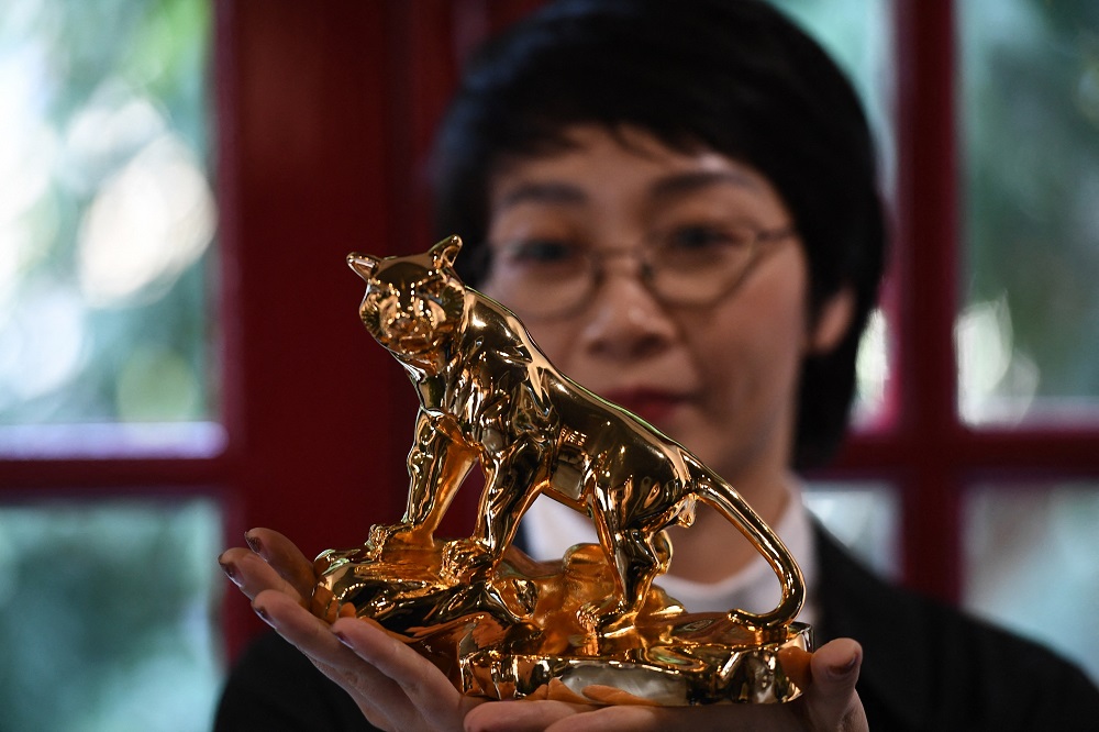 A woman posing with a gold-plated tiger model in Hanoi, ahead of the Lunar New Year that will celebrate the Year of the Tiger. u00e2u20acu2022 AFP pic