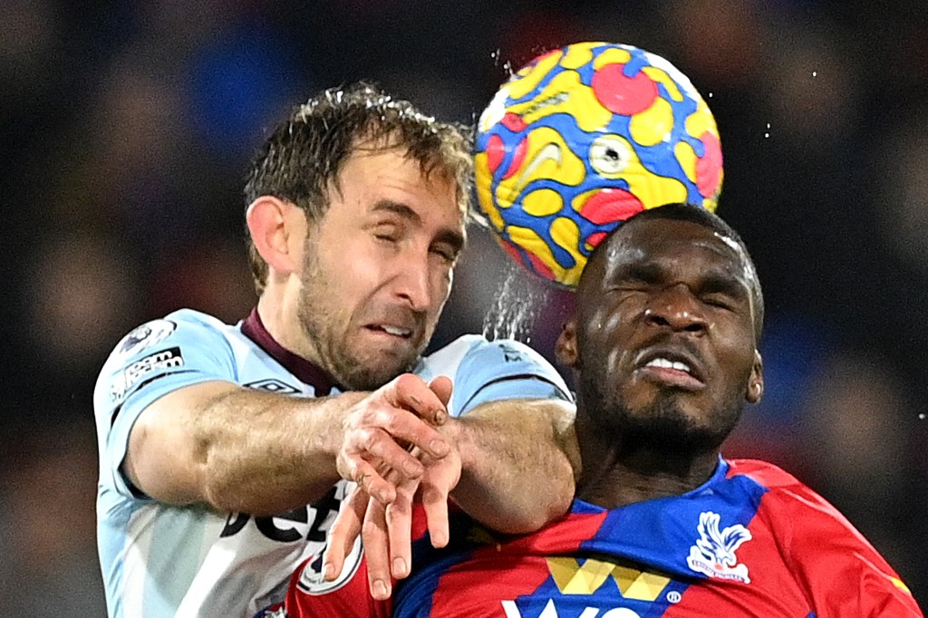 West Ham Unitedu00e2u20acu2122s defender Craig Dawson (left) vies to head the ball with Crystal Palaceu00e2u20acu2122s striker Christian Benteke during their Premier League match at Selhurst Park in south London on January 1, 2022. u00e2u20acu201d AFP pic