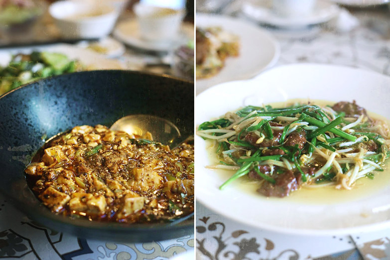 'Mapo tofu' (left). 'Jiǔcài chǎo niú gān' or stir fried beef liver with chives (right).