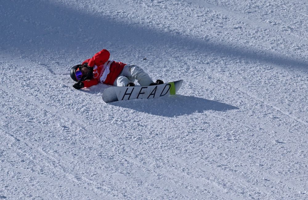 Rina Yoshika of Japan after falling during training at the Genting Snow Park, Zhangjiakou, China February 3, 2022. u00e2u20acu201d Reuters pic