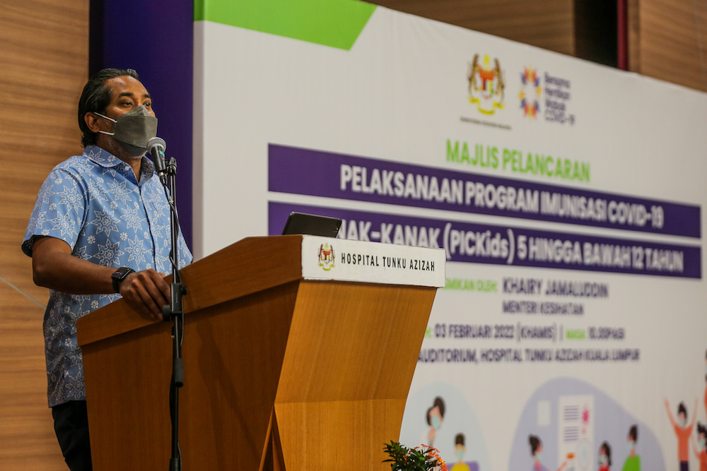 Health Minister Khairy Jamaluddin speaks during the PICKids vaccination programme in Hospital Tunku Azizah in Kuala Lumpur February 3,2022. u00e2u20acu201d Picture by Ahmad Zamzahuri