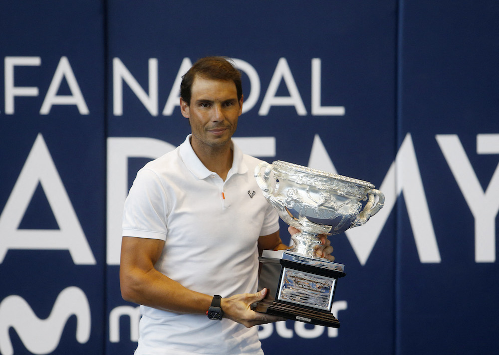 Spain's Rafael Nadal poses with the Australian Open trophy during the press conference in Mallorca February 2, 2022. u00e2u20acu201d Reuters pic 