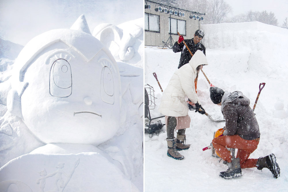 A white world of familiar 'anime' characters and friends shovelling snow together.