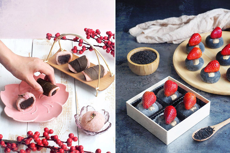 Sakura Daifuku and 'sakuramochi' (left). Charcoal Black Sesame Daifuku (right).