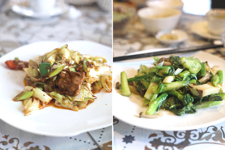 'Huíguōròu' or “twice cooked beef” (left). Stir fried seasonal vegetables (right).
