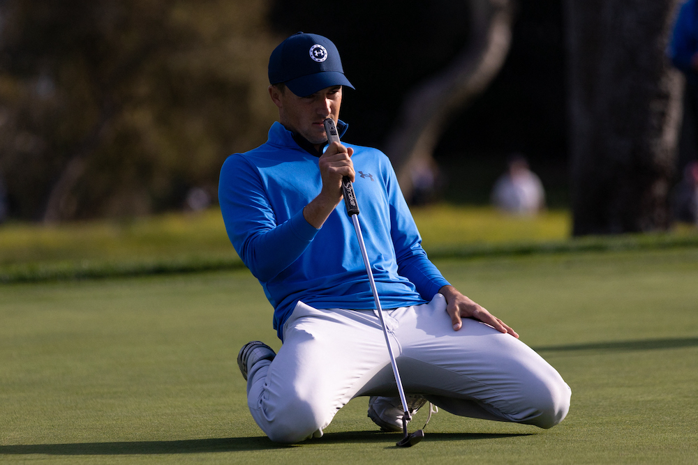 Jordan Spieth lines up a putt on the 16th green during the third round of the AT&T Pebble Beach Pro-Am golf tournament at Pebble Beach Golf Links. u00e2u20acu201d Bill Streicher-USA TODAY Sports