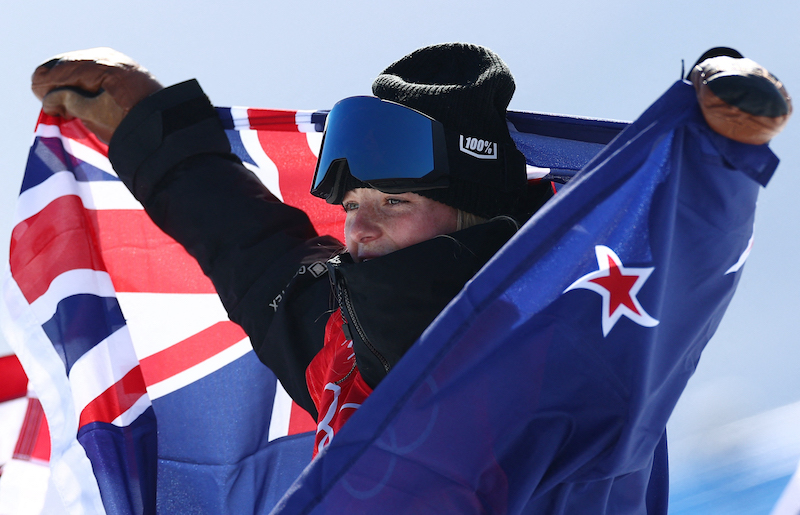 Gold medallist Zoi Sadowski Synnott of New Zealand reacts during the flower ceremony, February 6, 2022. u00e2u20acu201d Reuters pic