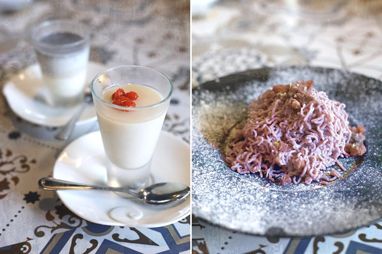 Sweet endings with chilled almond pudding, sesame pudding (left) and purple Mont Blanc (right).