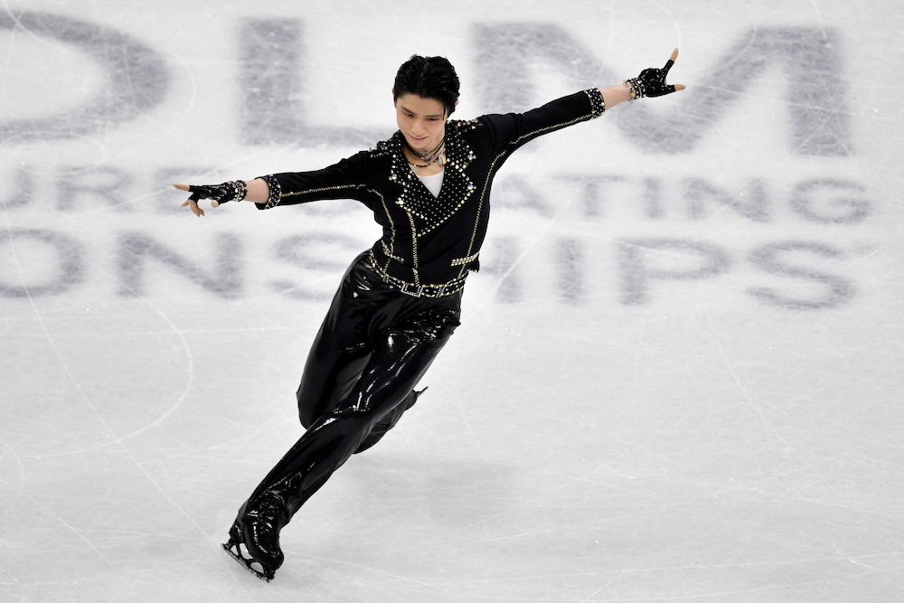 Yuzuru Hanyu of Japan during the men's short program at the World Figure Skating Championships in Stockholm March 25, 2021. u00e2u20acu201d Jessica Gow/TT News Agency via Reuters