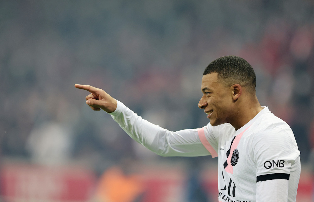 Paris St Germain's Kylian Mbappe celebrates scoring their fifth goal against Lille, February 6, 2022. u00e2u20acu201d Reuters pic 