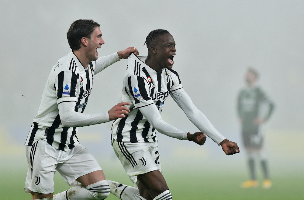 Juventus' Denis Zakaria celebrates scoring their second goal with teammate Dusan Vlahovic, Turin February 6, 2022. u00e2u20acu201d Reuters pic