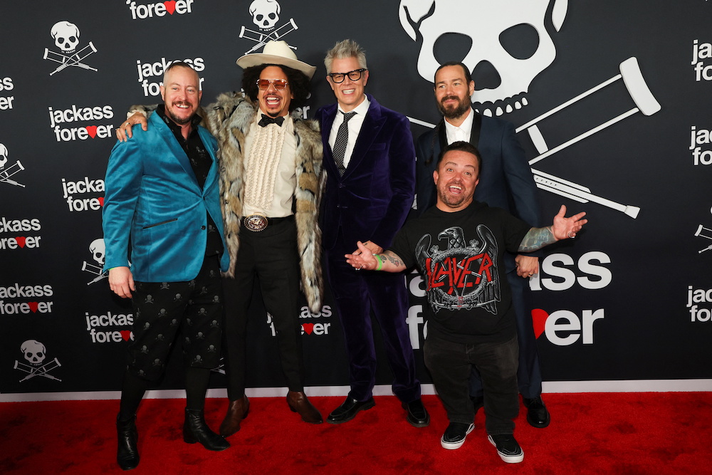 Producer Johnny Knoxville poses with cast members Chris Pontius, Jason 'Wee Man' Acuna, u00e2u20acu02dcDanger Ehrenu00e2u20acu2122 McGhehey and actor Eric Andre as they attend the premiere for the film u00e2u20acu02dcJackass Foreveru00e2u20acu2122 at the TCL Chinese theatre in Los Angeles February 1, 2