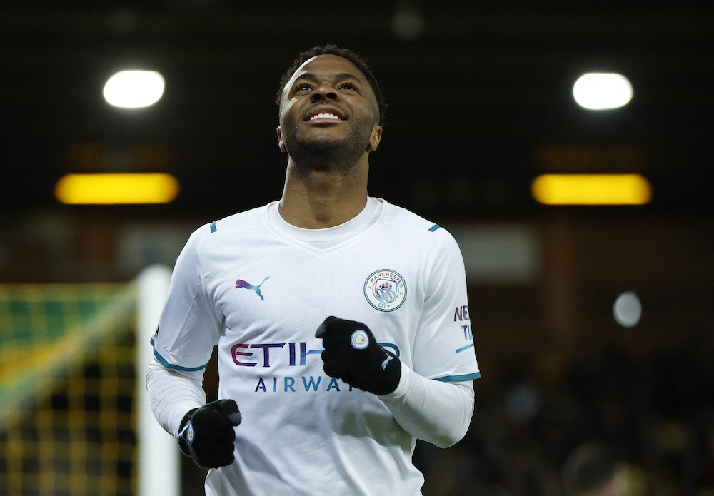Manchester City's Raheem Sterling celebrates scoring their fourth goal to complete his hat-trick, Norwich February 12, 2022. u00e2u20acu201d Action Images via Reuters/John Sibley 
