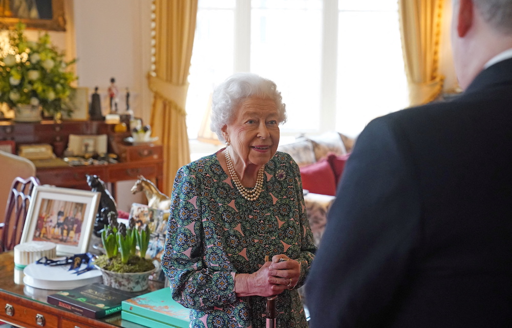 Britain's Queen Elizabeth speaks during an audience where she met the incoming and outgoing Defence Service Secretaries at Windsor Castle in Windsor, Britain February 16, 2022. u00e2u20acu201d Steve Parsons/Pool via Reuters