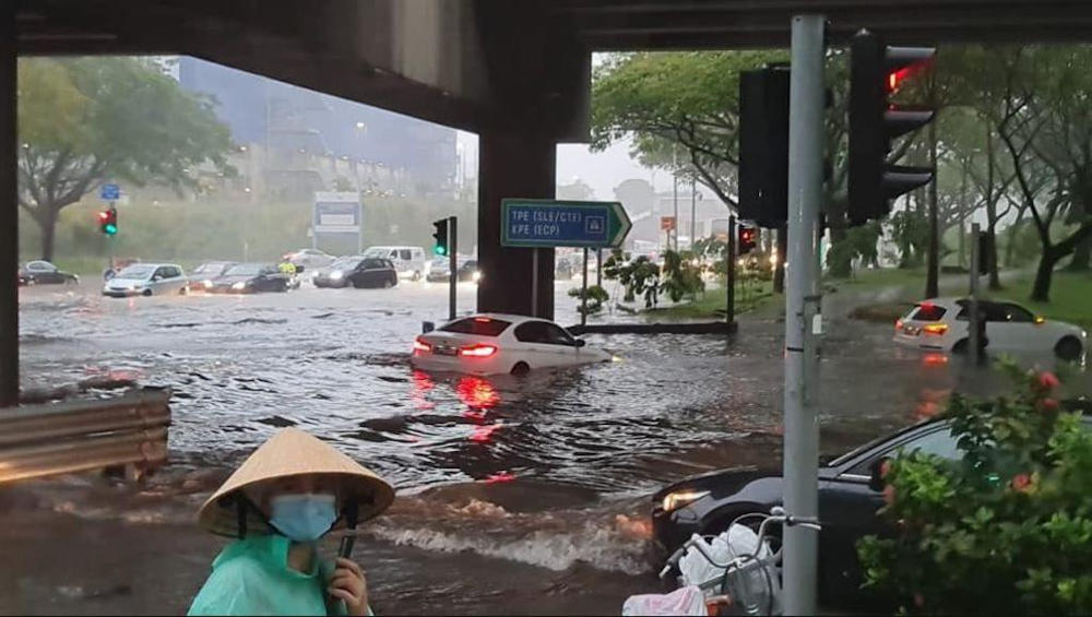 A screenshot of a video on Facebook showing flood waters near the junction of Tampines Avenue 10 and Pasir Ris Drive 12 on August 20, 2021. u00e2u20acu201d Picture via Facebook/Shahlan S Shahlan