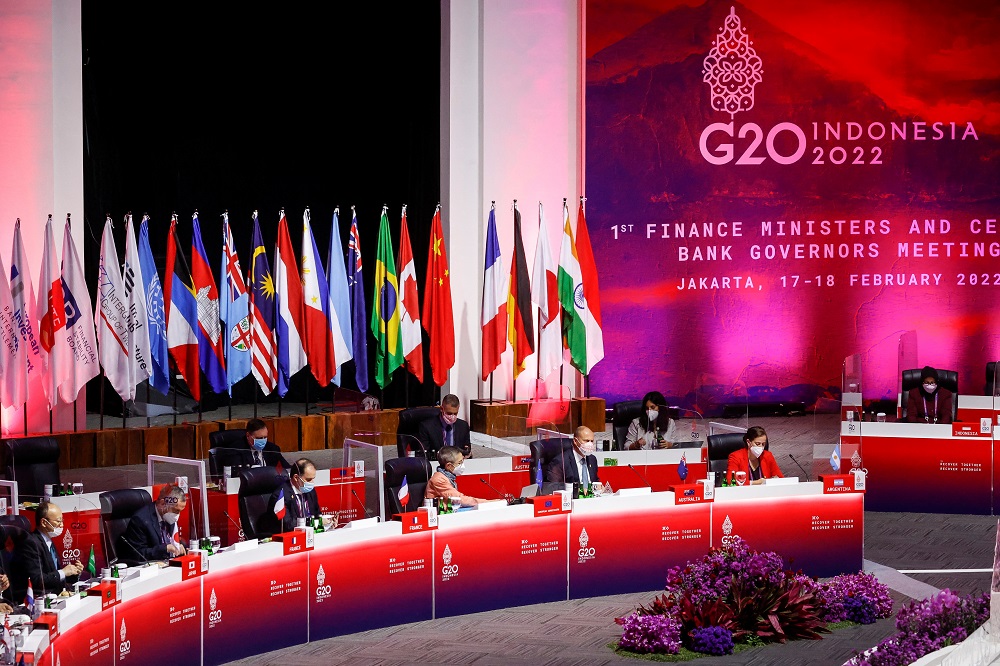 Head of delegates prepare for a meeting on the last day of the G20 finance ministers and central bank governors meeting in Jakarta February 18, 2022. u00e2u20acu201d Pool pic via Reuters
