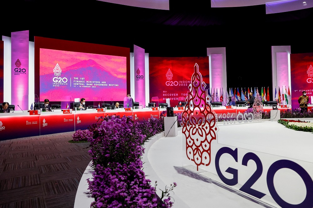 Head of delegates prepare for a meeting on the last day of the G20 finance ministers and central bank governors meeting in Jakarta February 18, 2022. u00e2u20acu201d Pool pic via Reuters