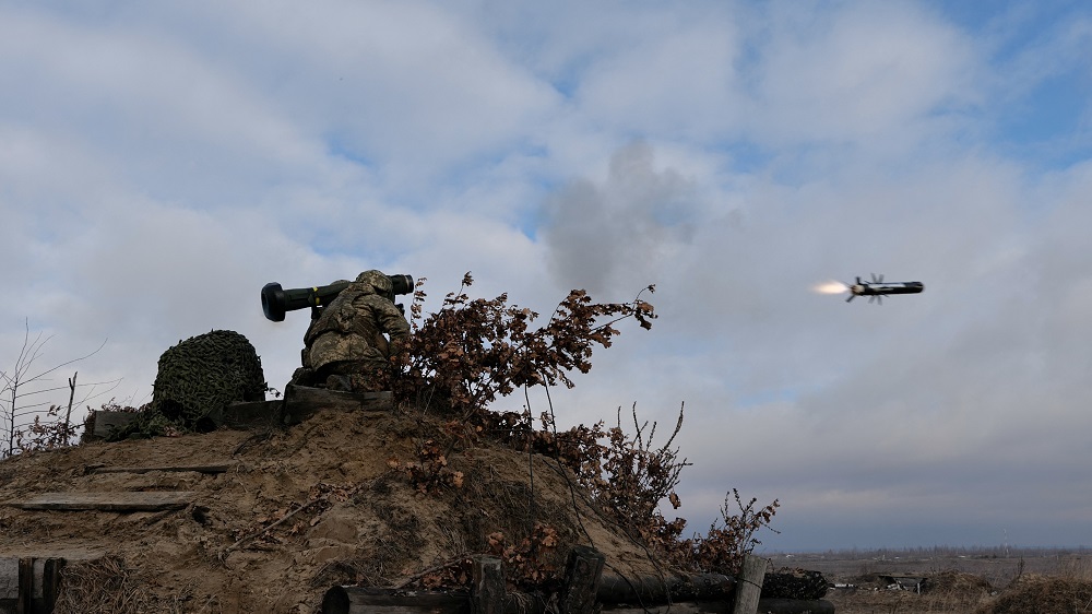 nService members of the Ukrainian Armed Forces fire a Javelin anti-tank missile during drills at a training ground in an unknown location in Ukraine February 18, 2022. Picture by Ukrainian Joint Forces Operation Press Service/Handout via Reutersn