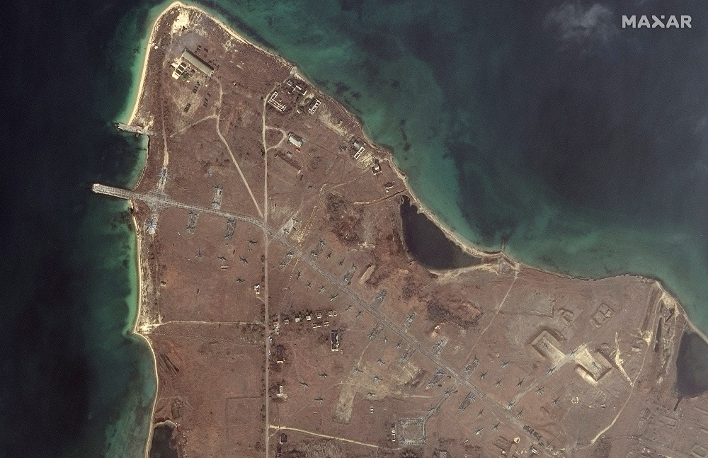 A satellite image shows an overview of a helicopter deployments near Lake Donuzlav, in Crimea, Ukraine February 18, 2022. u00e2u20acu201d Picture by Maxar Technologies/Handout via Reuters