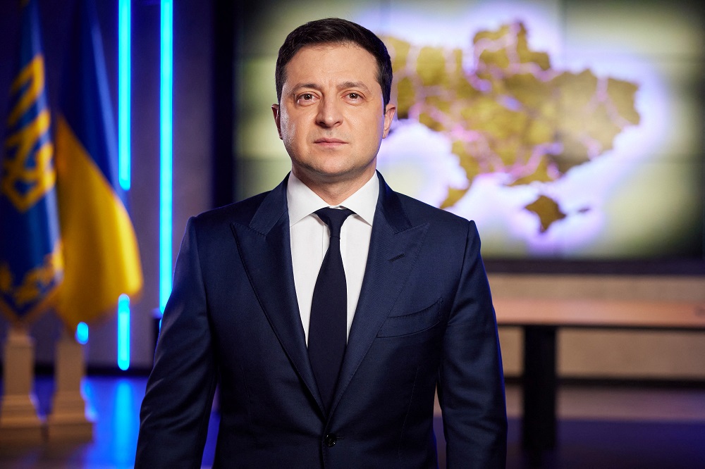 Ukrainian President Volodymyr Zelenskiy addresses the nation after a meeting of the Security and Defence Council in Kyiv February 22, 2022. u00e2u20acu201d Picture by Ukrainian Presidential Press Service/Handout via Reuters