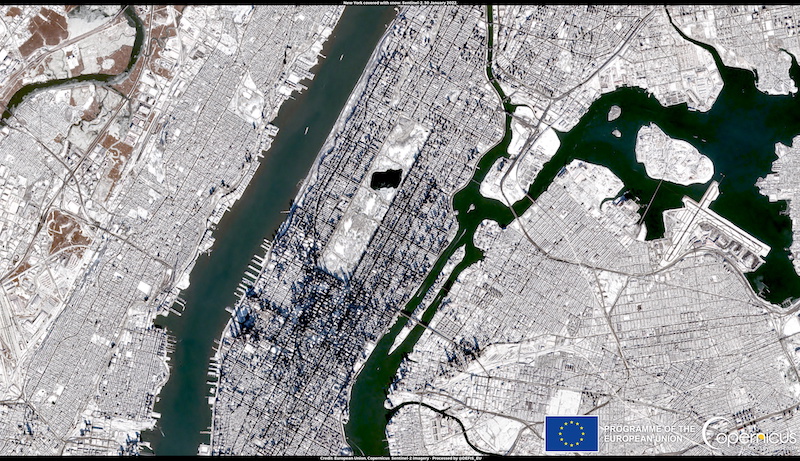 A satellite image shows New York City, U.S., covered with snow amid a winter storm January 30, 2022. Picture taken January 30, 2022. u00e2u20acu201d Defis_EU handout via Reuters