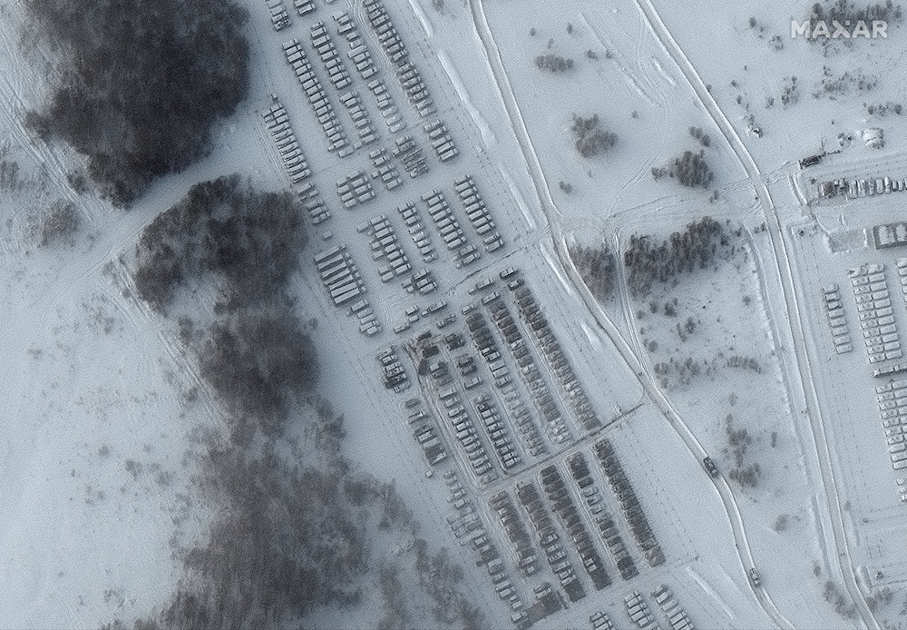 A closer view of tanks and support equipment in Yelnya, Russia is seen in this Maxar satellite image taken on January 19, 2022. u00e2u20acu201d Maxar Technologies pic via Reuters