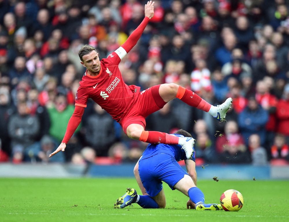 Cardiff City's Mark Harris in action with Liverpool's Jordan Henderson at Anfield, Liverpool, Britain February 6, 2022. u00e2u20acu201d Reuters pic