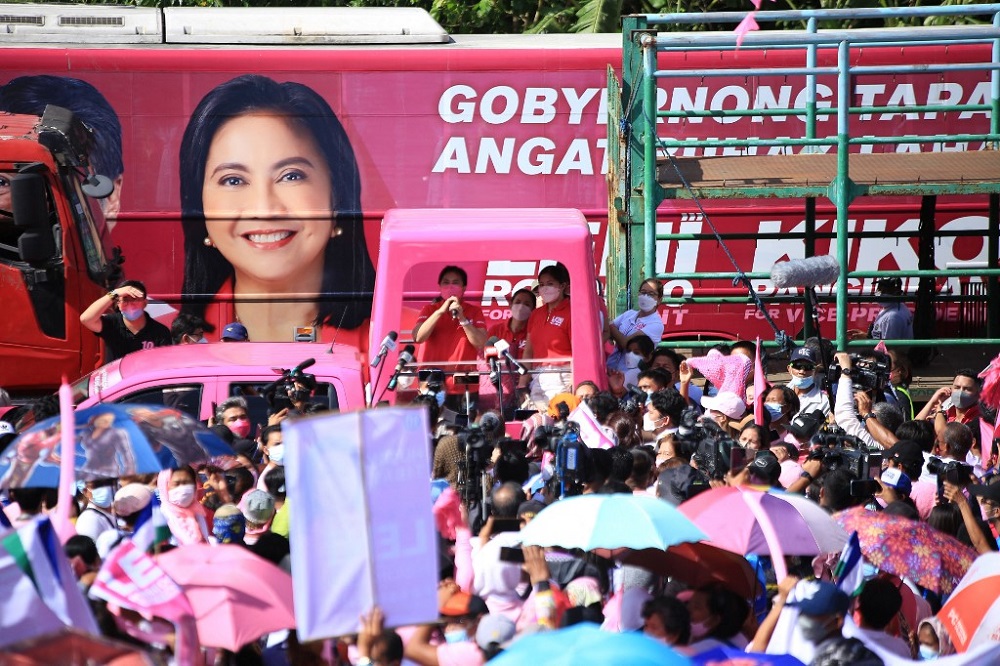 Philippine Vice President and opposition presidential candidate Leni Robredo (centre, with microphone) speaks from a truck during a campaign rally in the town of Libamanan, Camarines Sur province, south of Manila February 8, 2022. u00e2u20acu201d AFP pic