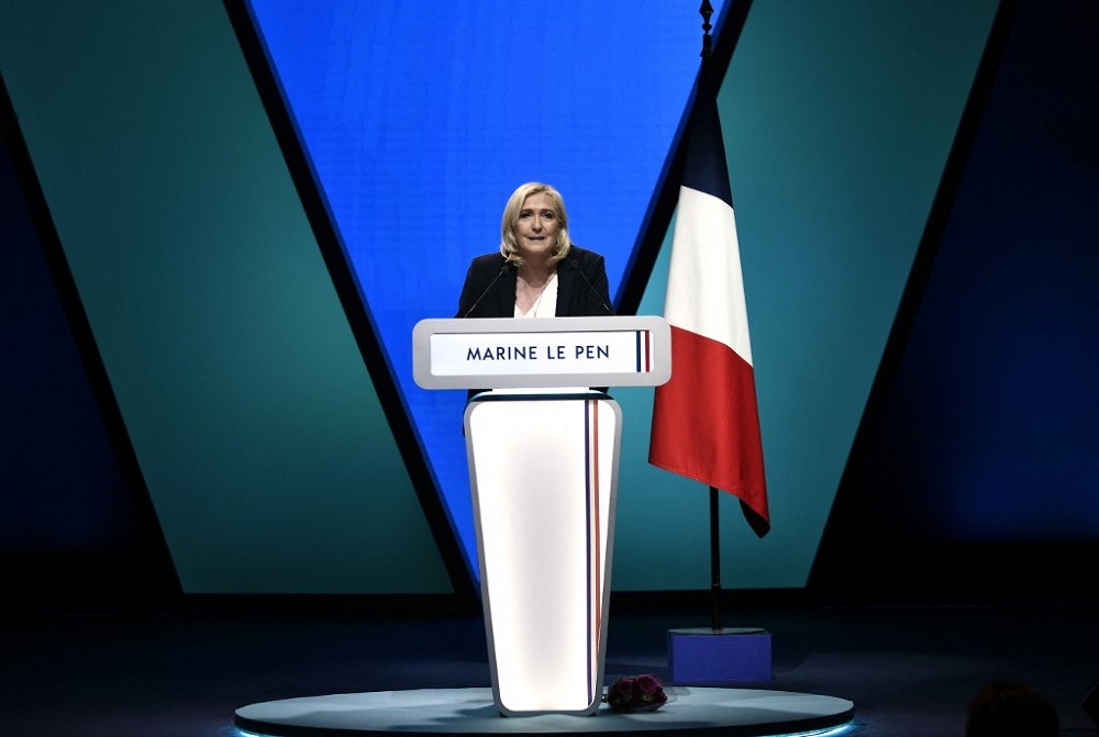French far-right Rassemblement National party presidential candidate Marine Le Pen gives a speech during a campaign rally in Reims, eastern France February 5, 2022. u00e2u20acu201d AFP pic