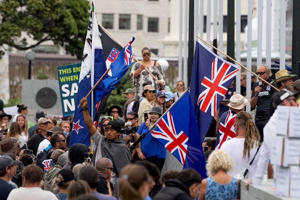 Protesters occupy the grounds around the parliament building on the second day of demonstrations against Covid restrictions, in Wellington February 9, 2022. u00e2u20acu201d AFP pic