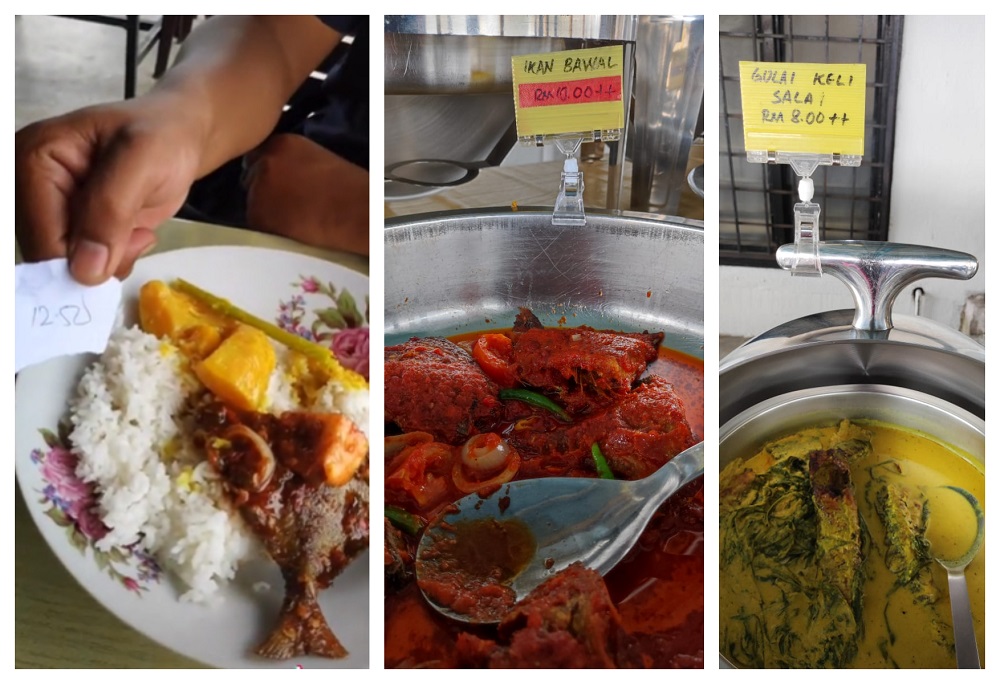 Left pic from viral video shows price of a meal of ikan bawal and rice, while the other pics shows the actual price being displayed for customers. u00e2u20acu201d Pictures via Rozana, screen capture via tiktok/raidafiqz
