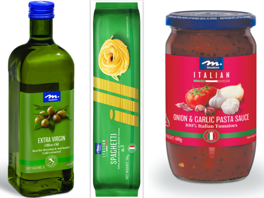 A 500 gramme Meadows Pasta (assorted) is now only RM3.75 while its RM9.80 for a 680 gramme of Meadows Pasta Sauce (assorted) and RM32.25 for Meadows Extra Olive Oil. — Picture courtesy of Giant