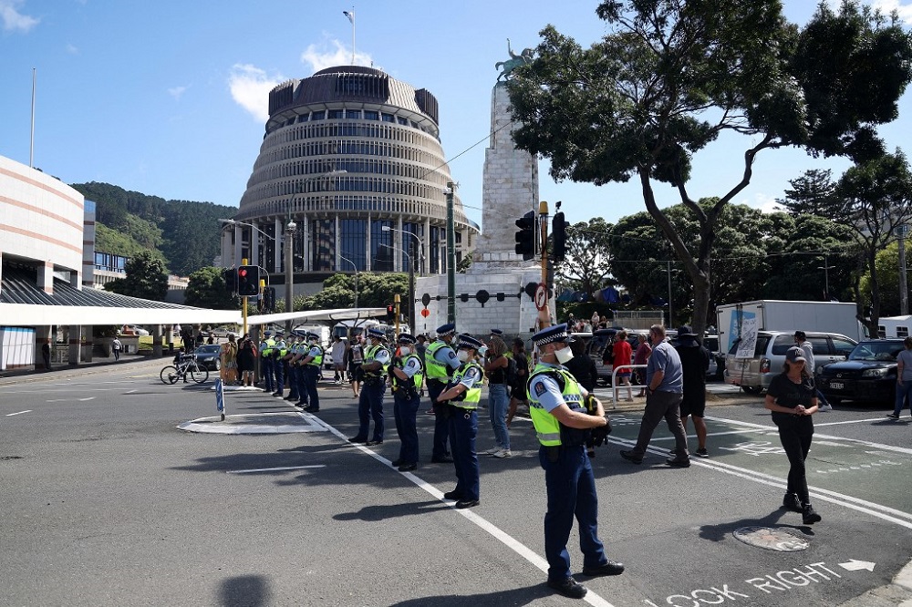 Police take over an intersection leading to Parliament on the ninth day of demonstrations against Covid-19 restrictions in Wellington February 16, 2022. u00e2u20acu201d AFP pic